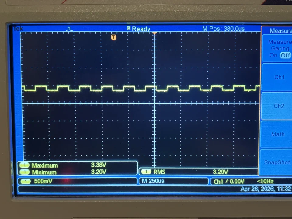 Scope showing a roughly 180 mV square wave riding on top of 3.3 V instead of swinging rail to rail