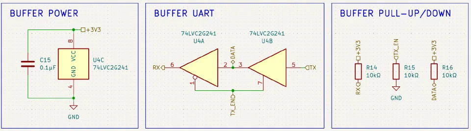 Three-block schematic of the half-duplex front-end: buffer power, the RX/TX direction-switching pair built on a 74LVC2G241, and the pull-up/pull-down resistors on RX, TX_EN, and DATA