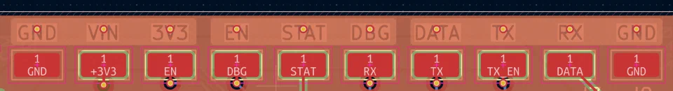 PCB layout view of the test point row. The top row of silkscreen labels reads GND, VIN, 3V3, EN, STAT, DBG, DATA, TX, RX, GND. The bottom row, which shows the nets actually connected to each test point, reads GND, +3V3, EN, DBG, STAT, RX, TX, TX_EN, DATA, GND. Almost none of the silkscreen labels line up with the underlying nets.